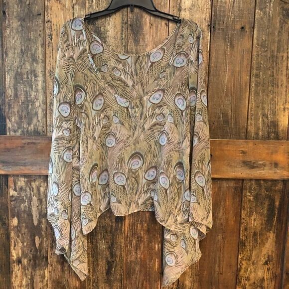 Show Me Your Mumu S BOHO Sheer Beige Graphic Peacock Flowy Design Poncho - Picture 8 of 8